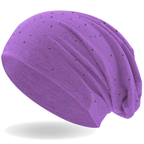 Hatstar Damen Beanie Mütze | mit edler Strass Nieten Applikation | Mädchen Mütze | elastisches Slouch Long Beanie | leicht und weich (Flieder)