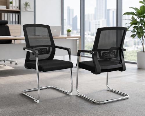 Image of TOBY Set of 2 Ergonomic Visitor Chairs with Lumbar Support, Breathable Mesh Back, Cushioned Seat, Fixed Armrests & Metal Sled Base - Office, Waiting Room, Conference Chair (Black)