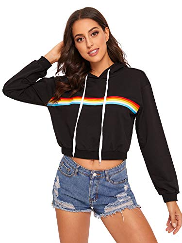 SweatyRocks Women's Long Sleeve Rainbow Stripe Sweatshirt Crop Top Hoodies Black S