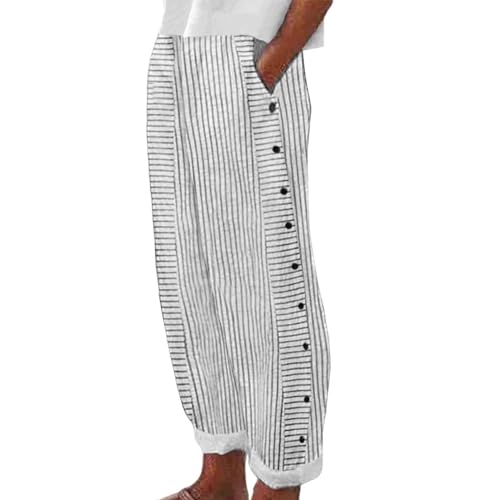 Women's Casual Pants Striped Side Button Elastic Waist Trendy Pants Straight Leg Baggy Trousers with Pockets