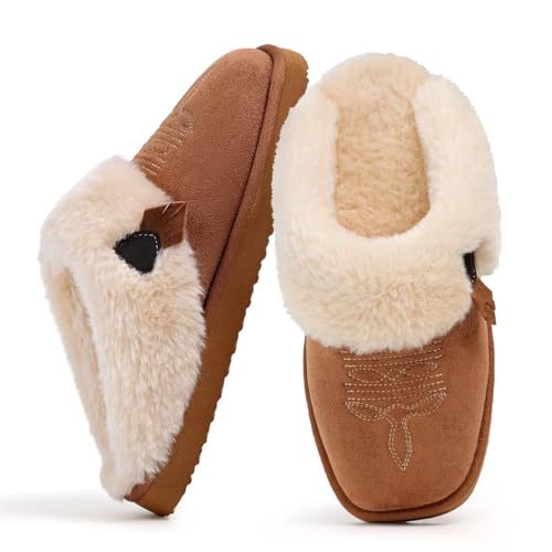 OOW Western Fluffy Slippers for Women with Memory Foam Comfy Houes Cowgirl Boot Slippers for Bedroom Indoor Square Toe