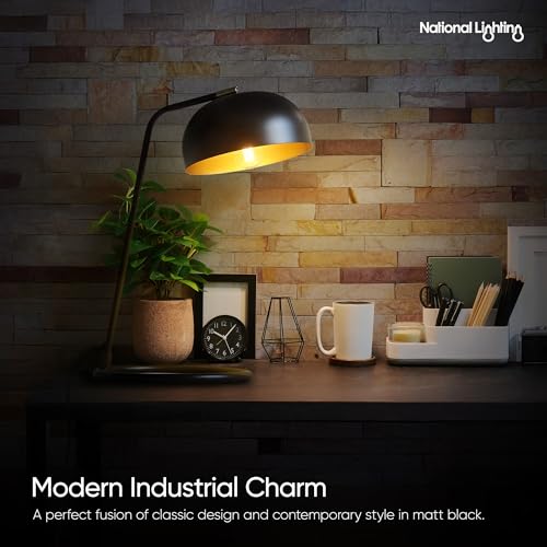 National Lighting Boden Table Lamp 471mm - Modern Industrial Matt Black Desk Light with Antique Brass Inner Finish - E14 Fitting 7W LED Compatible Meta Desk Lamp for Home, Office, or Bedside Table