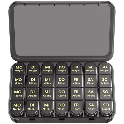 Doruimi Tablettenbox 7 Tage Morgens Mittags Abends, Klein Pillendose Große Fächer, Medikamentenbox 7 Tage 4 fächer mit Einfachem Offenem Design für Unterwegs - Schwarz-Gold