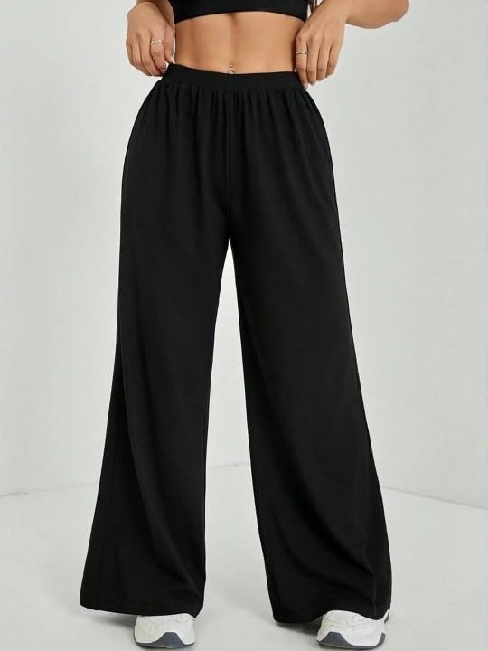 Image of Women's Casual Black Straight Fit Pants | Soft Pants with Adjustable Drawstring & Side Pockets