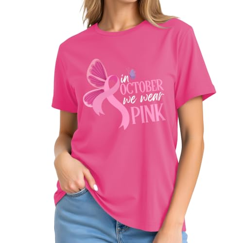 Image of Breast Cancer Awareness Ribbon Shirt Women-in October We Wear Pink Tees | Meaningful October Breast Awareness Cancer Shirt Pink Butterfly Short Sleeves Perfect for Survivors and Family Supporters