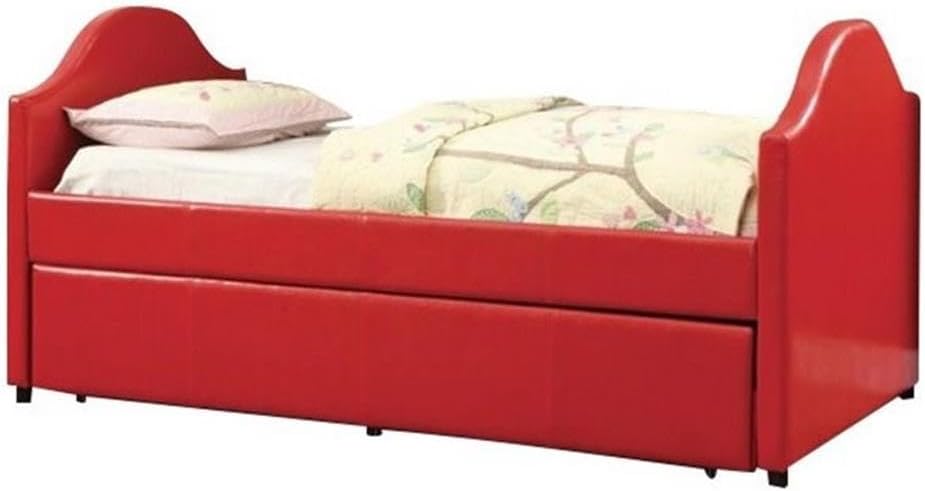 BOWERY HILL Contemporary Upholstered Daybed with Trundle, Solid Wood Frame, Leatherette Red Finish, 89.5" W x 43" D x 38.5" H, Arched Headboard and Footboard, Space-Saving Design for Kids Room