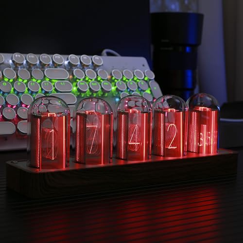 ClocTeck Nixie Tube Clock Wi-Fi Sync & 16 Million Colors Customizable, Retro Modern Wooden Digital Clock