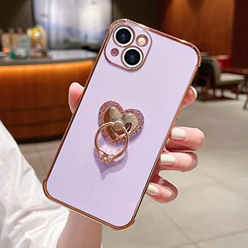 Teageo Case for iPhone SE 2022/iPhone 7/iPhone 8/iPhone SE 2020, Girly Glitter Heart Design Diamond Rotatable Ring Holder Phone Cases Shockproof Plating Silicone Cover for iPhone SE3/SE2, Purple