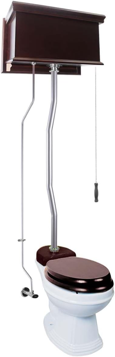 Dark Oak Finish High Tank Pull Chain Toilet Wooden Flat Tank Round Top Entry White Porcelain Bowl And Satin Z Pipes Adjustable Height 59"- 74" With Hardware Renovators Supply Manufacturing