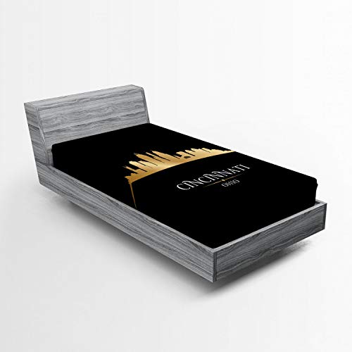 Ambesonne Cincinnati Fitted Sheet, Skyscrapers in Golden Yellow Hues Monumental Giant Exterior, Bed Cover with All-Round Elastic Deep Pocket for Comfort, Twin XL Size, Charcoal