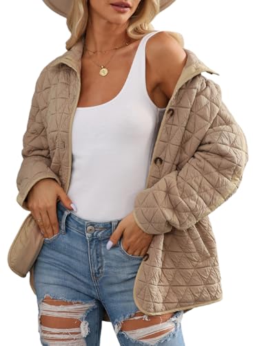 EVALESS Women's Lightweight Diamond Quilted Jacket Casual Winter Open Front Button Down Puffer Coat Outwear Cardigan