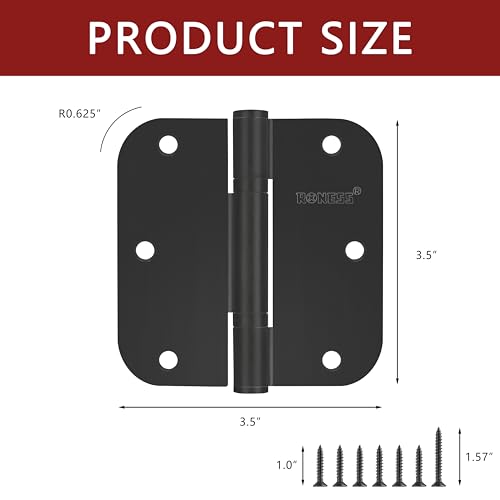 24 Pack Matte Black Oil-Free Door Hinges 3.5'' Premium Stainless Steel Door Hinges 3.5'' X 3.5'' with 5/8" Radius Corner Heavy Duty Rust-Resistant Doors Hardware by RONESS - Used condition - Image 2