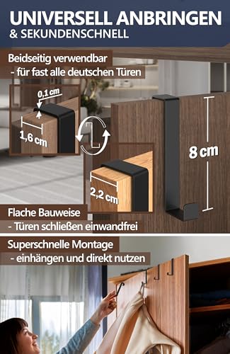 4smile Türhaken zum Einhängen, 4er Set, Fb. Schwarz - Platzsparende Kleiderhaken Tür für ganze Wohnung, universelle Haken zum Einhängen - Stabile Türgarderobe, Türhakenleiste