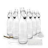 Nevlers 6 PCS | 33 oz Round Swing Top Glass Bottles with Airtight Stopper | 1 Liter Home Brewing Bottles for Kombucha - Water Kefir - Limoncello | Includes Brush, Funnel & Gold Glass Marker