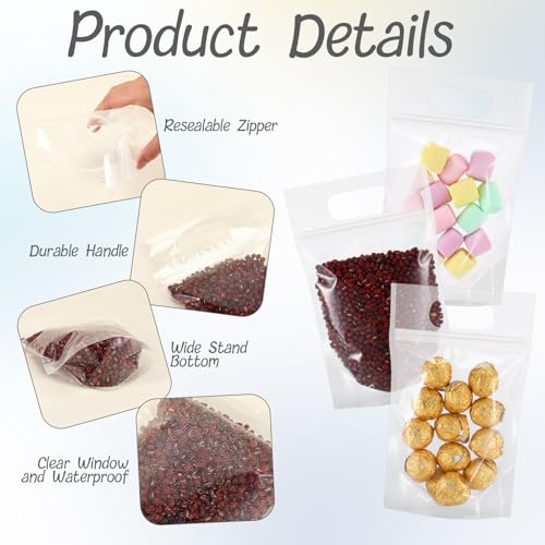 Sinload 30 Pcs Plastic Gift Bag Bulk 5.5 x 8.7 Inch Resealable Party Goodie Bag with Clear Window Color Favor Pouch with Handle for Home Birthday Wedding Party Candy Gift Wrap Supply(Transparent)