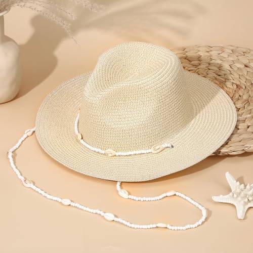 Sombrero de playa femenino beige con ala ancha miniatura 4