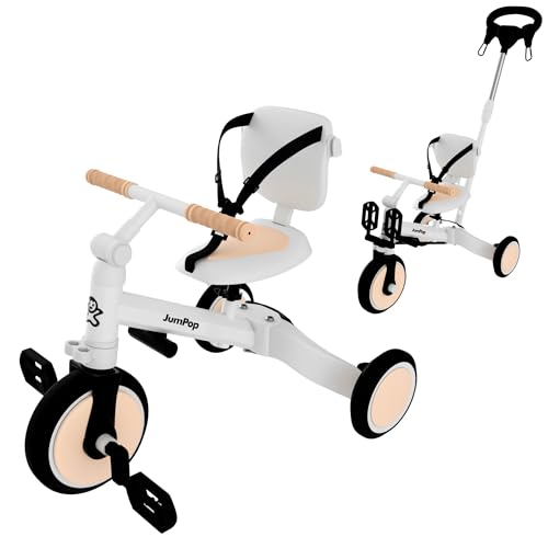 JumPop® Triciclo Evolutivo 5 en 1 + Timbre con Pegatinas + 2 Ganchos de Velcro | Triciclo Bebe 1 Año a 5 Años con Complementos Divertidos (Blanco/Beige)