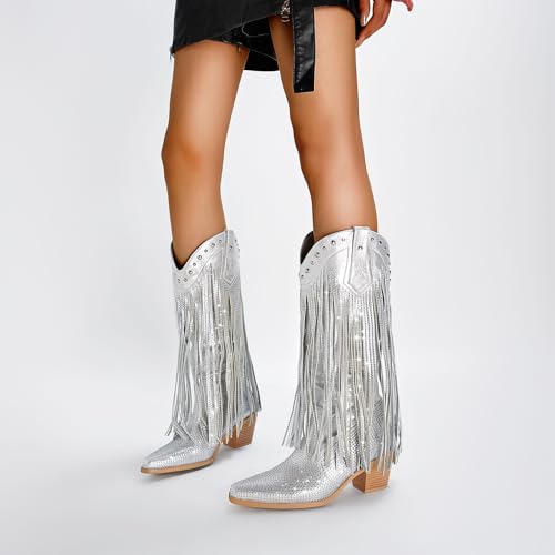 AIJIVOU Women's Rhinestone Fringe Cowgirl Boots, Sparkly Western Cowboy Boots Pointed Toe Knee Block Chunky Middle Heel Pull On Mid Calf Boots for Women Girl Party3