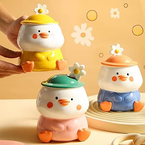 Funny Yellow Duck Cup Cute Mug Ceramic Coffee Mug with Spoon Kawaii Milk Tea Mug with Lid 3D Animal Mug for Women Children Girlfriend Gift