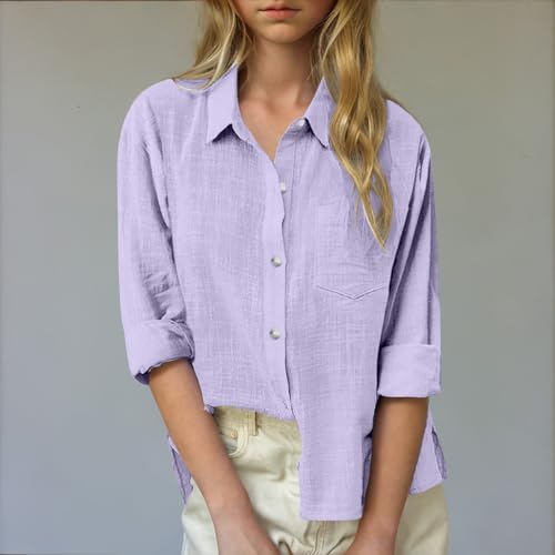Linen Shirts for Teens Girls Long Sleeve Button Down Collared Dress Shirt Cotton Blouses Girls Tunic Tops Summer Clothes4