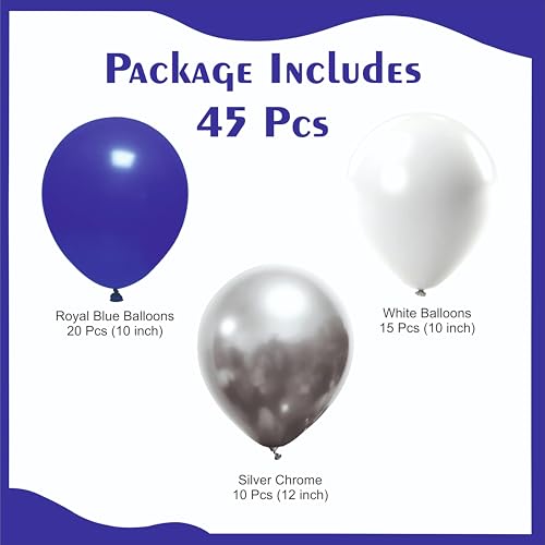 Image of Balloon Garland Kit, Royal Blue Silver White, 45 Pieces, Party Decoration Arch, Anniversary and Birthday