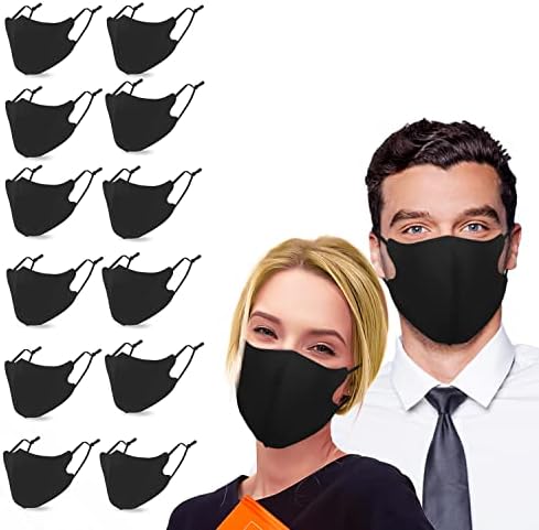 Brodio Reusable Cloth Face Mask - 12 Pack Washable & Breathable Cotton Masks for Adult Men & Women, 3 ply Facemask with Adjustable Ear Protection Loops for Breathe Comfortable （Black*12）