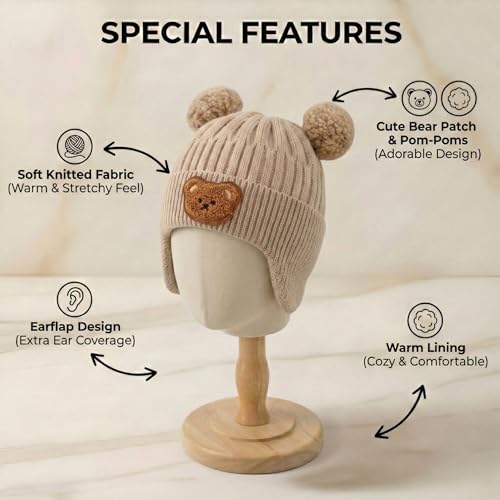 Image of Kraptick Children's Pompom Winter Warm Caps for Toddlers & Kids, Soft Knitted Beanie with Warm Earflaps, Cute Teddy Bear Design, Unisex Baby Woolen Hat-2