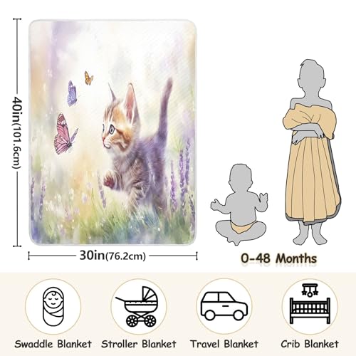 Burbuja Kitten Chasing Butterflies in Lavender Baby Blanket for Boys Girls, Nursery Soft Warm Swaddling Receiving Baby Blankets, 30x40 in Toddler Blanket3