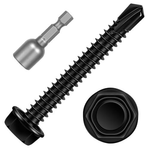 #12 x 2 Hex Washer Head Self Tapping Screws, TEK Screws, Self Drilling, Stainless Steel 410 Sheet Metal Screws, Black Finish, 50 PCS