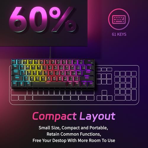 61-Key Mechanical Keyboard, with English and Arabic bilingual input keycap, Red Axis Switch, 17 kinds Adjustment Light, for Windows/MacOS/Android PC Gamers Office - Red Axis/Black
