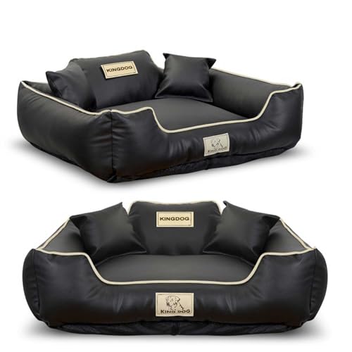 KING DOG Hundebett Mittelgroße Hunde Waschbar M 75x65 cm aus Öko-Leder Hundekissen Haustierbett Hundekorb Personalisiert - Name des Hundes Wasserdichtes Material Silikon Füllung Schwarz