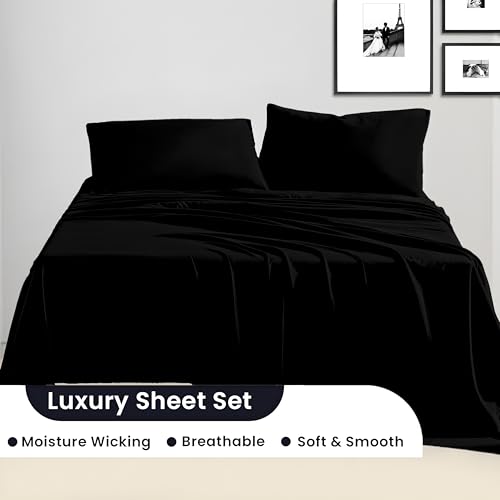Image of SGI bedding King Bed Sheets Set - Premium 600 TC Egyptian Cotton, Crisp & Cooling Sateen Weave, Extra Soft Hotel Collection, Fits Mattresses Up to 16 Inch Deep, Breathable & Long Lasting - Black