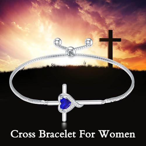 TOUPOP Birthstone Cross Bracelet for Women 925 Sterling Silver Cross Heart Bracelet Fine Jewelry Birthday Christmas Gifts for Her Girlfriend3