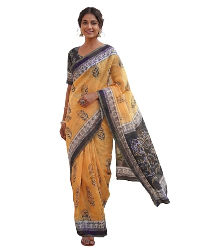 Image of SIRIL Women's Printed Cotton Linen One Minute Ready to Wear Saree With Unstitched Blouse Piece