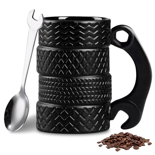 Reifentasse, 450 ml Keramikbecher, Rad Reifen Kaffeetasse, Mit Griff und Löffel, Keramik Reifentasse für Zuhause, Geschenk, für Kaffeeliebhaber, Personalisierte Tasse (A)
