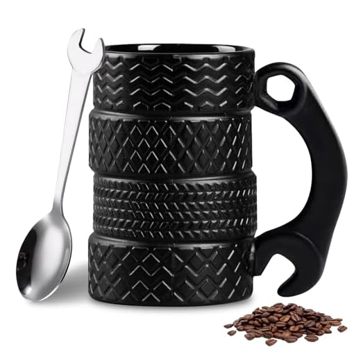 SUNOYA Taza de café con neumáticos de cerámica de 450 ml, diseño de neumáticos 3D, negro, 12,4 x 8,1 cm, reutilizable, resistente al calor, segura para la salud, con asa y cuchara, ideal para el hogar