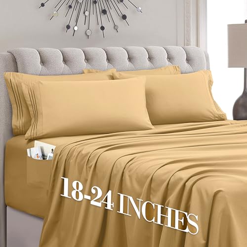 Mocassi Luxury 6-Piece Sheet Set, Ultra Soft 1800 Premium Hotel Quality Microfiber Sheet Set, Fits Mattresses Up to 18 to 24 Inches Extra Deep Pocket - Breathable and Secure Fit, Cal King, Gold