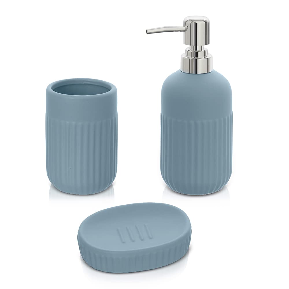 Inbagno Accessori Bagno da appoggio in Set Completo 3 Pezzi, Kit Accessori appoggio con Dispenser, portaspazzolini e Porta saponetta, in Ceramica, Linea Cup