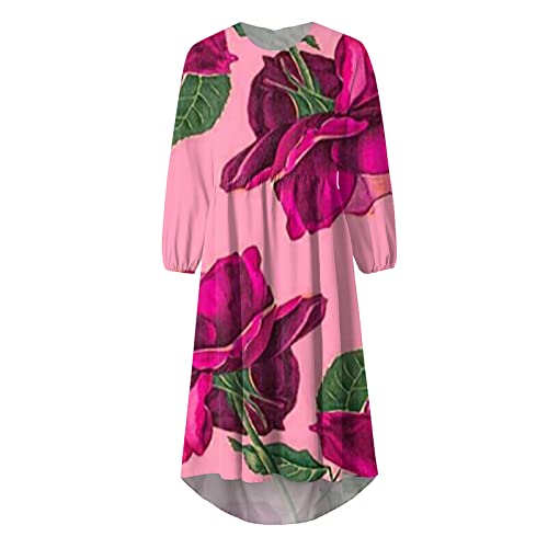 Boho Floral Ladies Dresses 2023 Summer,3/4 Sleeve Maxi Dress Oversized High Waist Tunic Dress Pleated Graphic Sundresses Flowy A Line Dress Evening Dresses For Women Reds X #TOP3