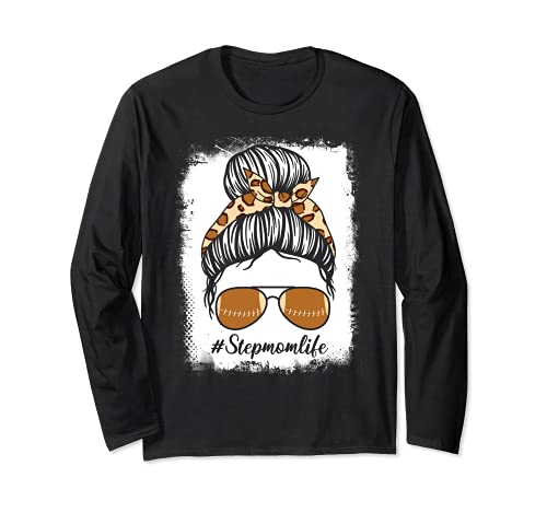 Bleached Leopard Print Messy Bun Sunglasses Football Stepmom Long Sleeve T-Shirt