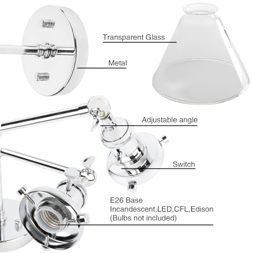 Image of PERMO Double Sconce Chrome Industrial 2-Lights Wall Sconces with Funnel Flared Glass Clear Glass Shade Vanity Light for Bedroom (Chrome)
