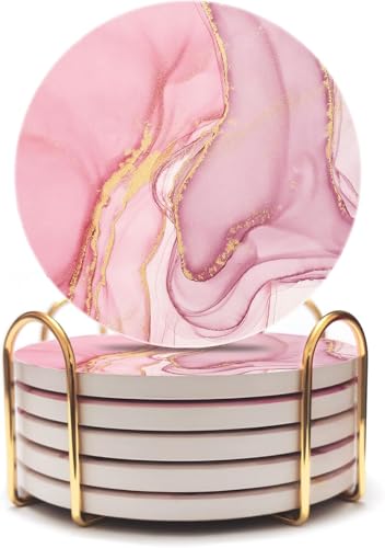 Image of Pink Coasters Set of 6, Absorbent with Gold Holder, Wood Drinks with Cork Backing, Drink Coasters for Table Home Kitchen Housewarming Gift