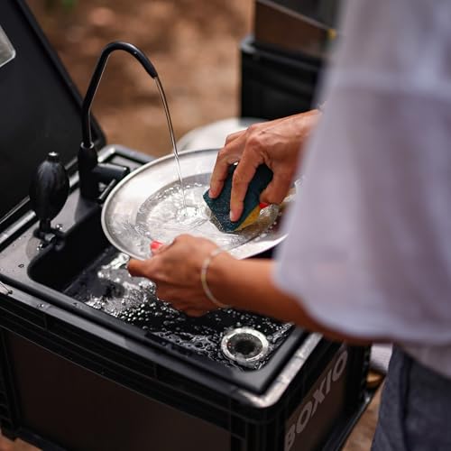 Miniatura 7 de Boxio Lavabo Portátil Camping Con Bomba De Agua Manual, Fregadero Para Furgoneta, Grifo Portatil Camping, Fregadero De Jardín, Lavamanos Portatil, Lavabo Caravana De Plástico Negro, 400 X 300 Mm