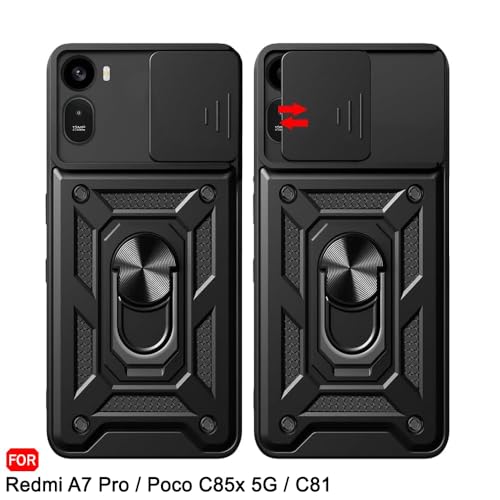 Image of TheGiftKart Tough Armor Bumper Back Cover Case for Mi Redmi A7 Pro /Poco C85x 5G / C81 | Kickstand & Ring Holder | 360 Degree Protection Back Cover Case (PC & TPU, Sliding Camera Cover, Black)