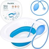 Pochik Sitz Bath for Toilet Seat Hemorrhoids and Postpartum Care, Yoni Steam Seat, Perineal Soaking, Collapsible, Flusher Hose, Drain Holes, Wider Seating Area - Blue