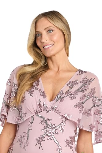 Image of R&M Richards Women's Long Beaded Floral Gown W /Sheer Capelet & Flutter Sleeves - Cocktail Party Evening Style