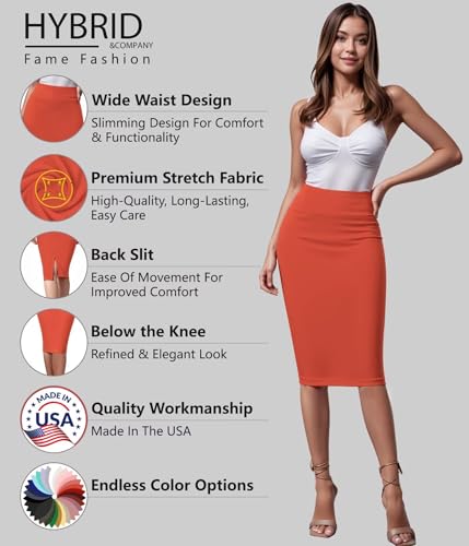 Image of Hybrid & Company Women's Premium Nylon Ponte Stretch High Waist Pencil Suit Skirt Below Knee