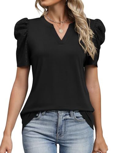 Image of LOMON Spring Summer Tops for Women 2026 V Neck Puff Short Sleeve Tops Fashion Trendy Work Blouses Dressy Casual S-XXL