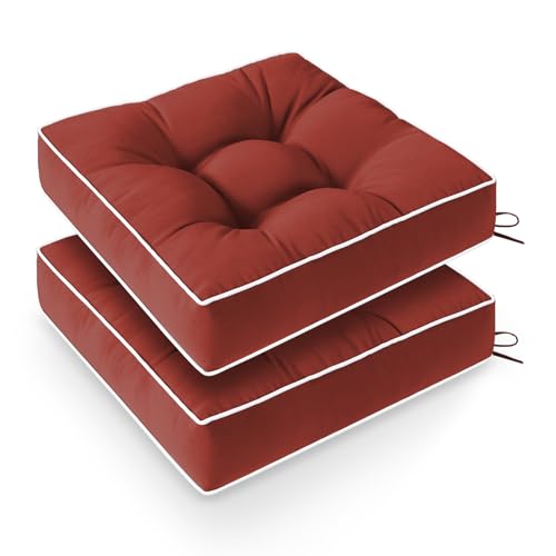 Wellsin Outdoor Chair Cushions Set of 2, Patio Cushions for Outdoor Furniture, Tufted Water-Resistant Outdoor Chair Pads, 19 x 19 Inch, Brick Red
