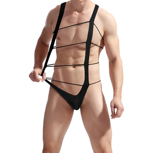 Men's Sexy Sissy Clothes Swimsuit Jumpsuit Black Jock Straps Deep V Bikini Bodysuit Elastic Thongs Underwear Lingerie2
